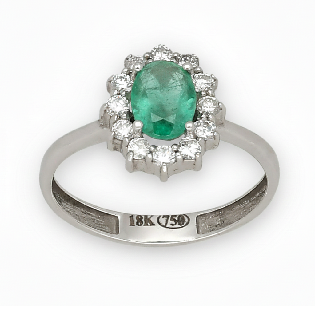 Anillo Lady Di Oro Blanco 18k con Esmeralda Central y Diamantes