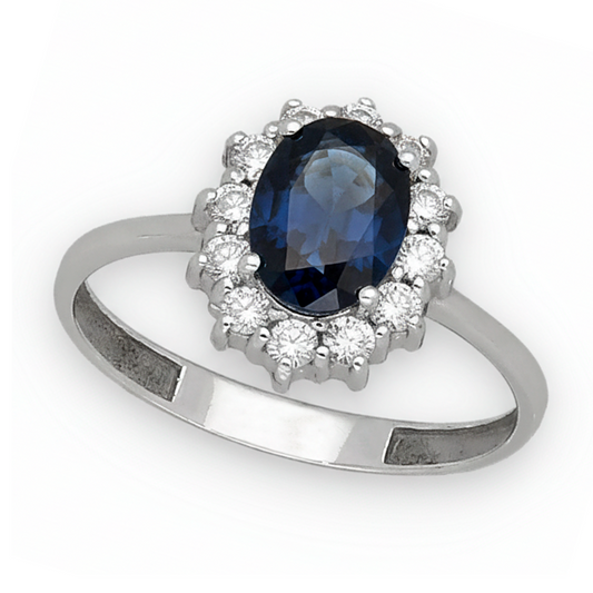 Anillo Lady Di Oro Blanco 18k con Zafiro Central y Diamantes