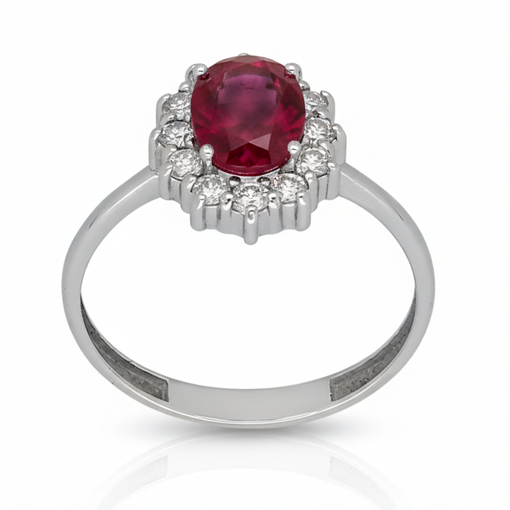 Anillo Lady Di Oro Blanco 18k con Rubí Central y Diamantes