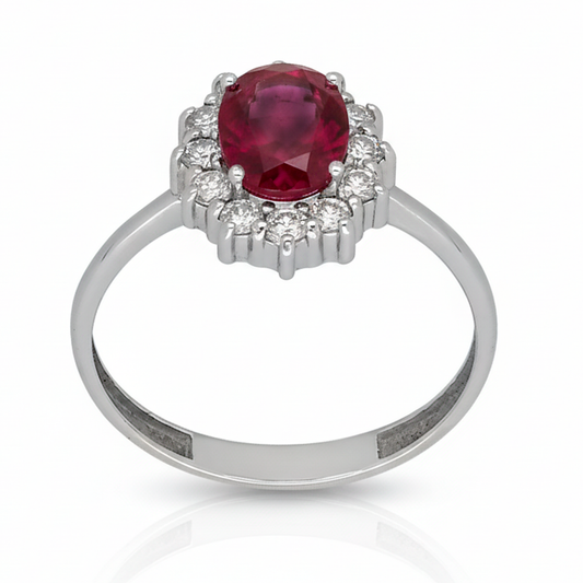 Anillo Lady Di Oro Blanco 18k con Rubí Central y Diamantes