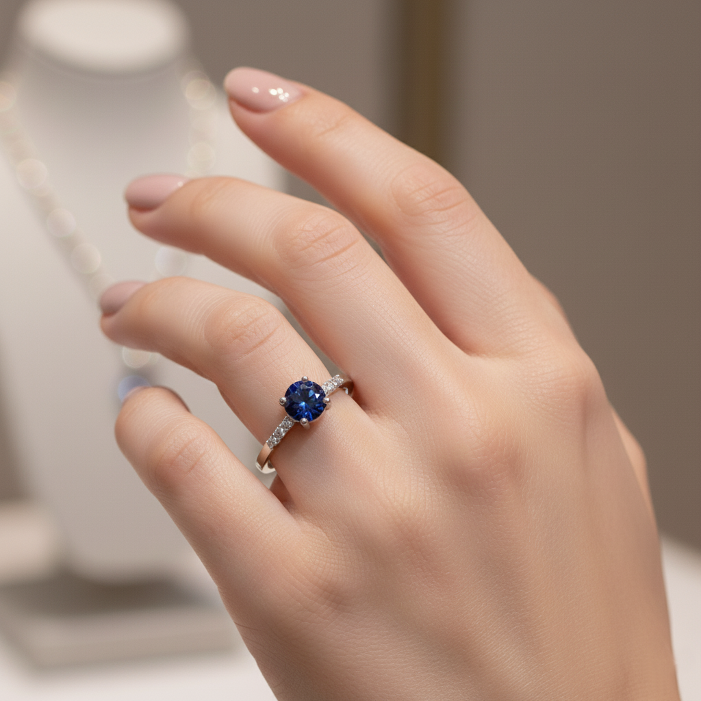 Anillo Chiara en Oro Blanco 18K con Zafiro y Diamantes