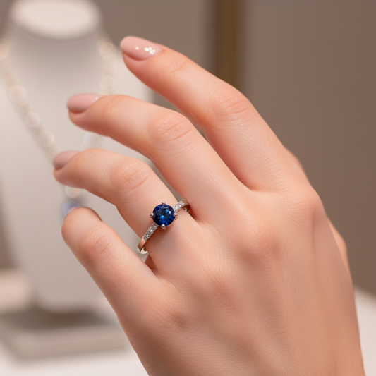 Anillo Chiara en Oro Blanco 18K con Zafiro y Diamantes