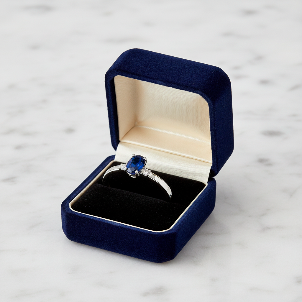 Anillo Victoria en Oro Blanco 18k con Diamantes y Zafiro