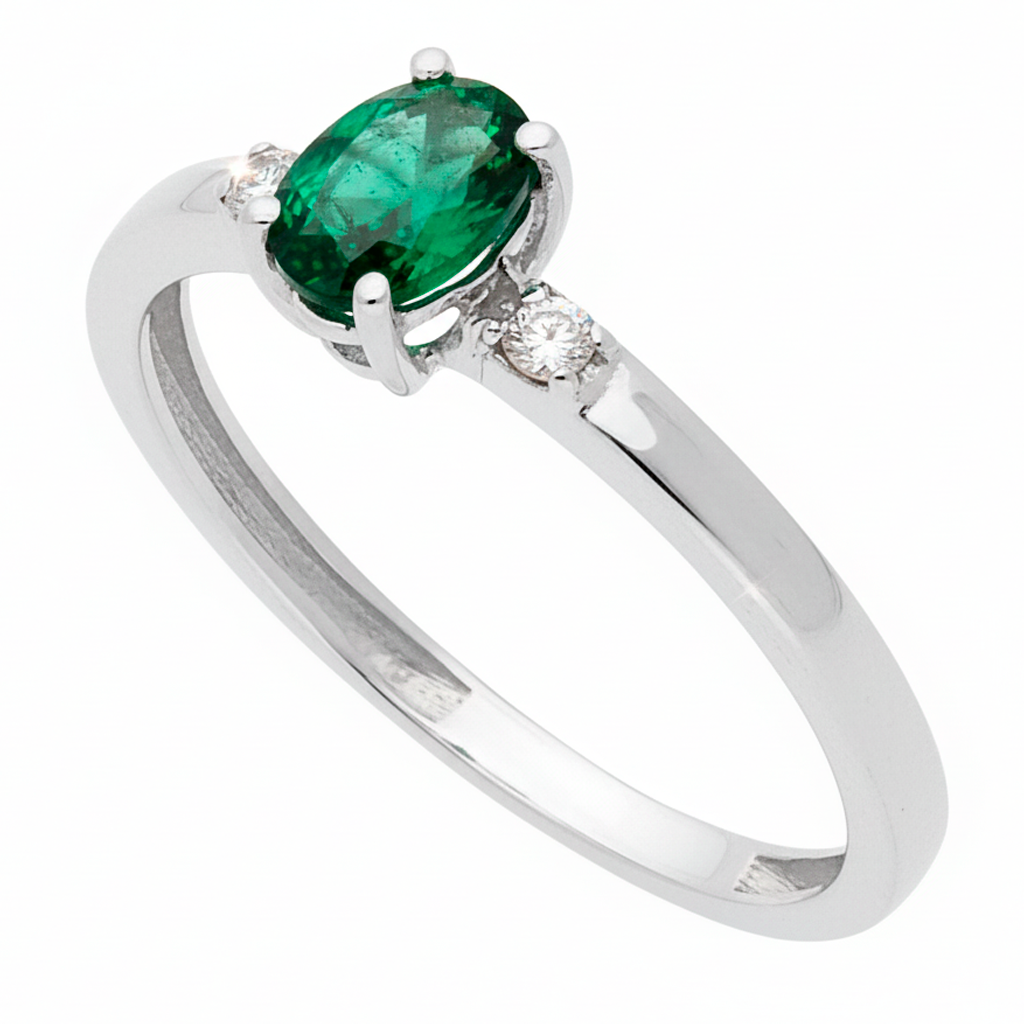 Anillo Victoria en Oro Blanco 18k con Diamantes y Esmeralda