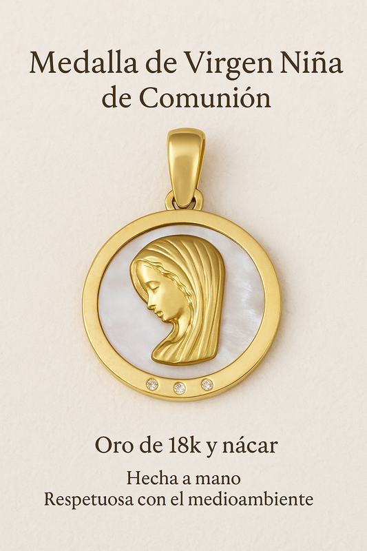 Medalla Virgen Niña en Oro 18k y Nácar con Circonitas Modelo Niza