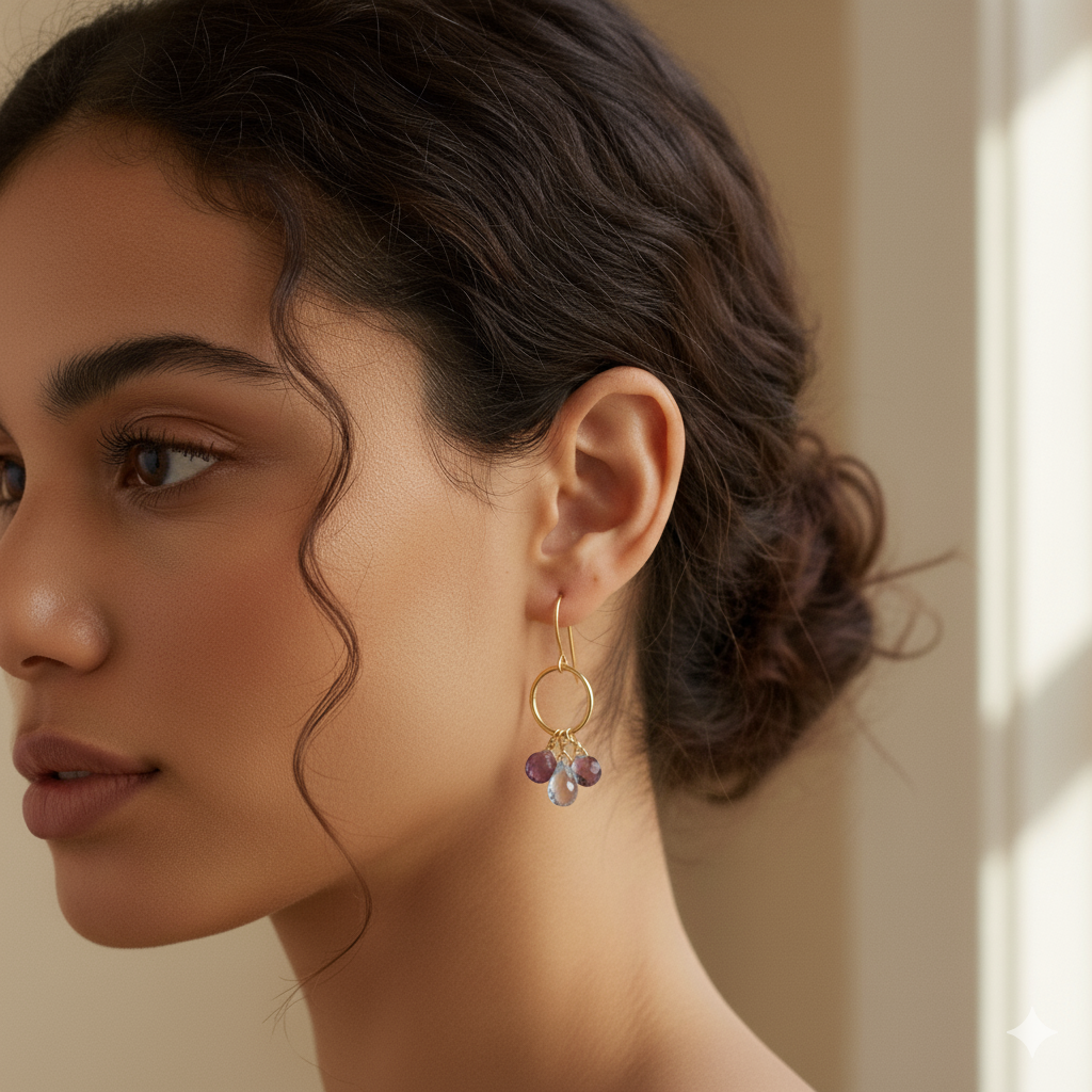 Pendientes Aro con Amatistas y Topacios Azules en Oro 18k