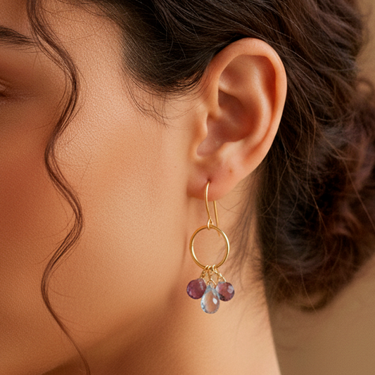 Pendientes Aro con Amatistas y Topacios Azules en Oro 18k