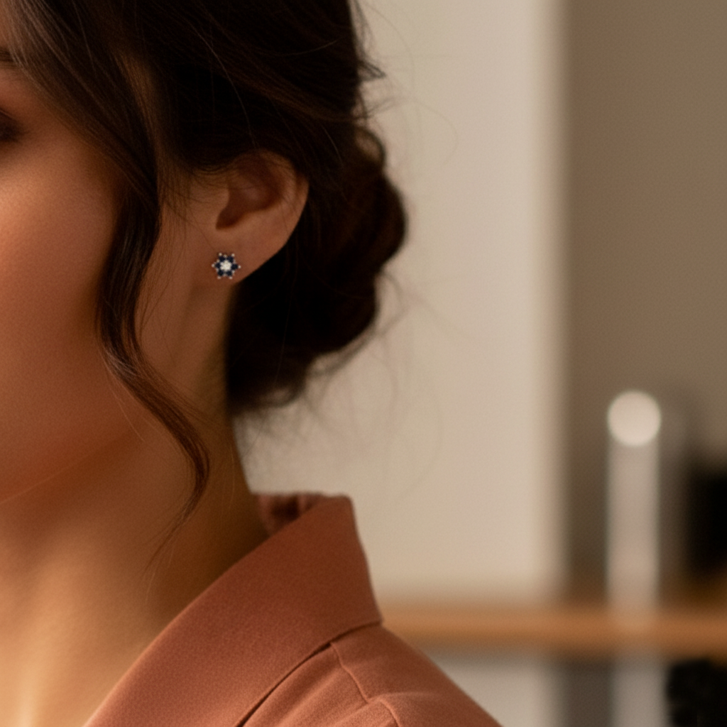 Pendientes de Flor en Oro Blanco de Ley 18K con Zafiros y Diamante central