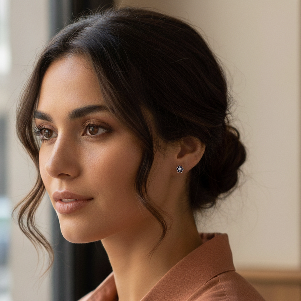 Pendientes de Flor en Oro Blanco de Ley 18K con Zafiros y Diamante central