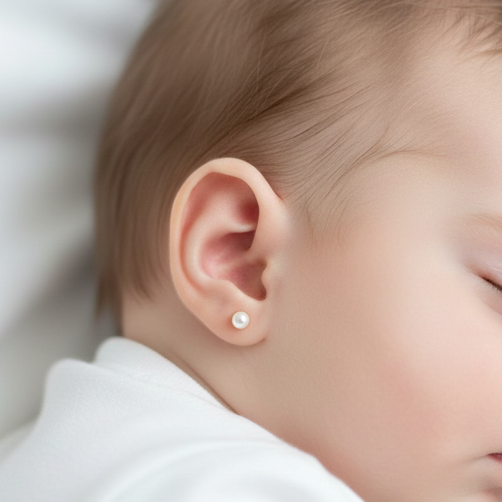 Pendientes Bebé Oro y Perlas Blancas Naturales de 4,50mm