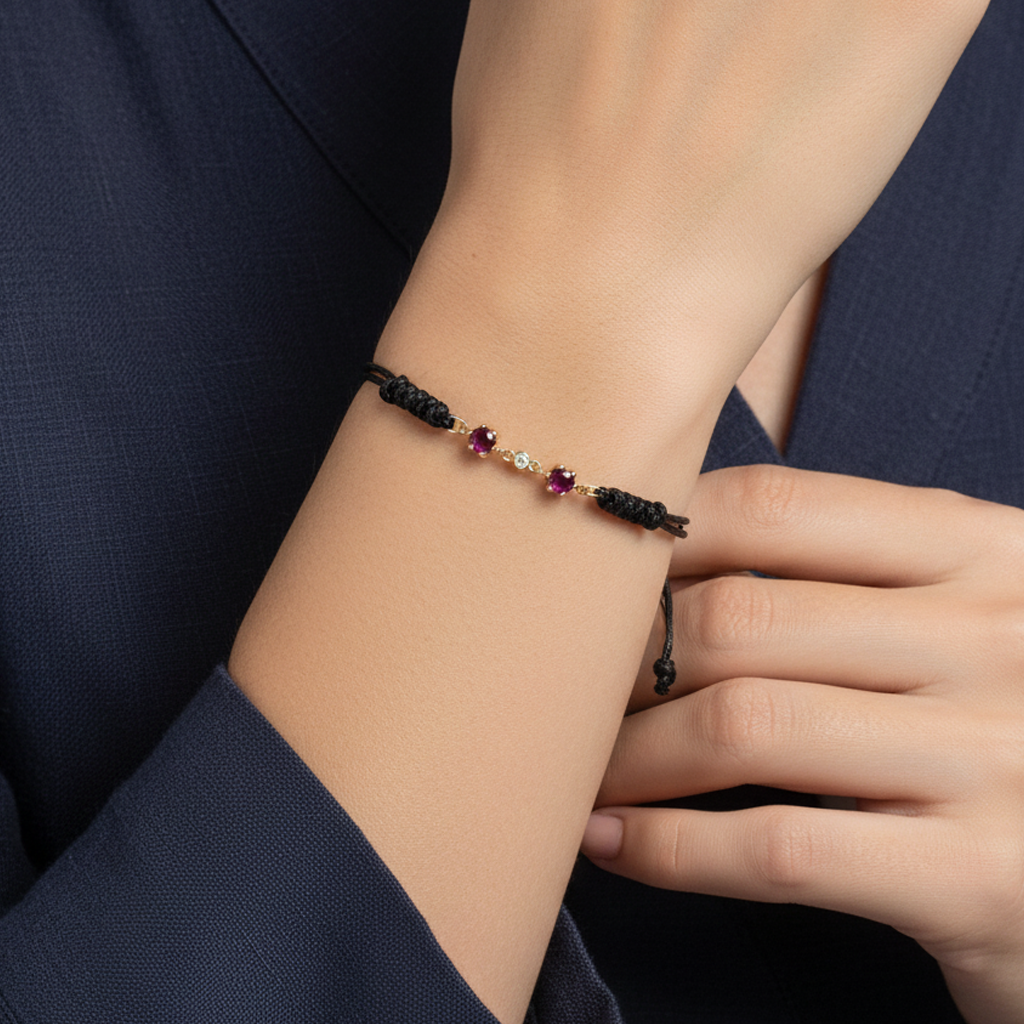 Pulsera Macramé en Oro de Ley 18K con Rubíes y Diamante Central