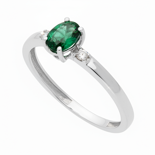 Anillo Victoria en Oro Blanco 18k con Diamantes y Esmeralda