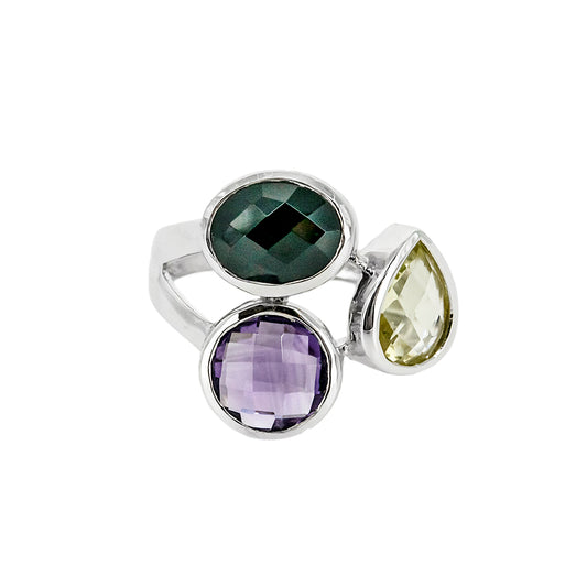 Anillo Atatu de Plata con Tres Piedras de Color – Negra, Verde y Lila