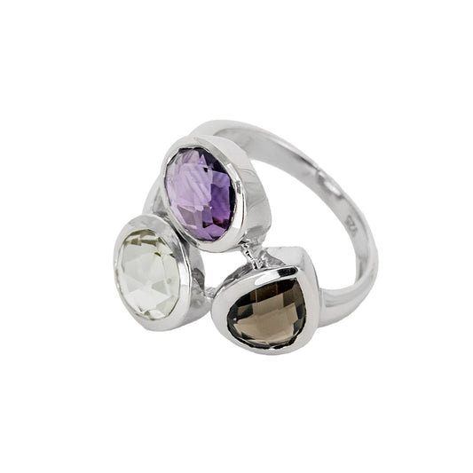 Anillo Atatu de Plata con Tres Piedras de Color – Verde, Lila y Negra
