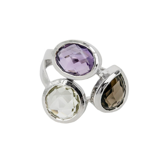 Anillo Atatu de Plata con Tres Piedras de Color – Verde, Lila y Negra