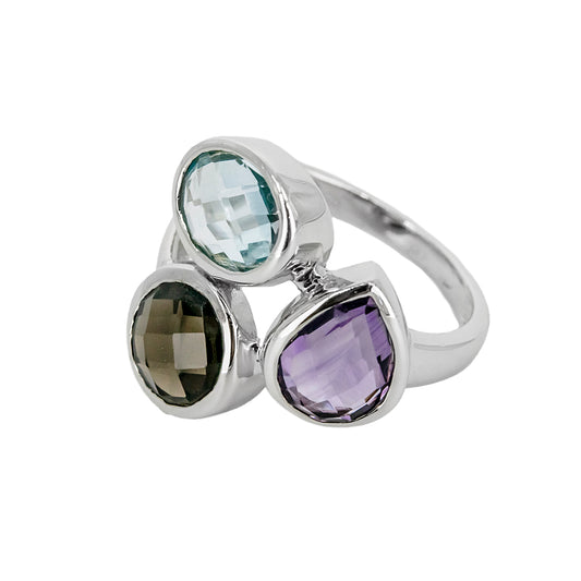Anillo Atatu de Plata con Tres Piedras de Color – Marrón, Azul y Lila