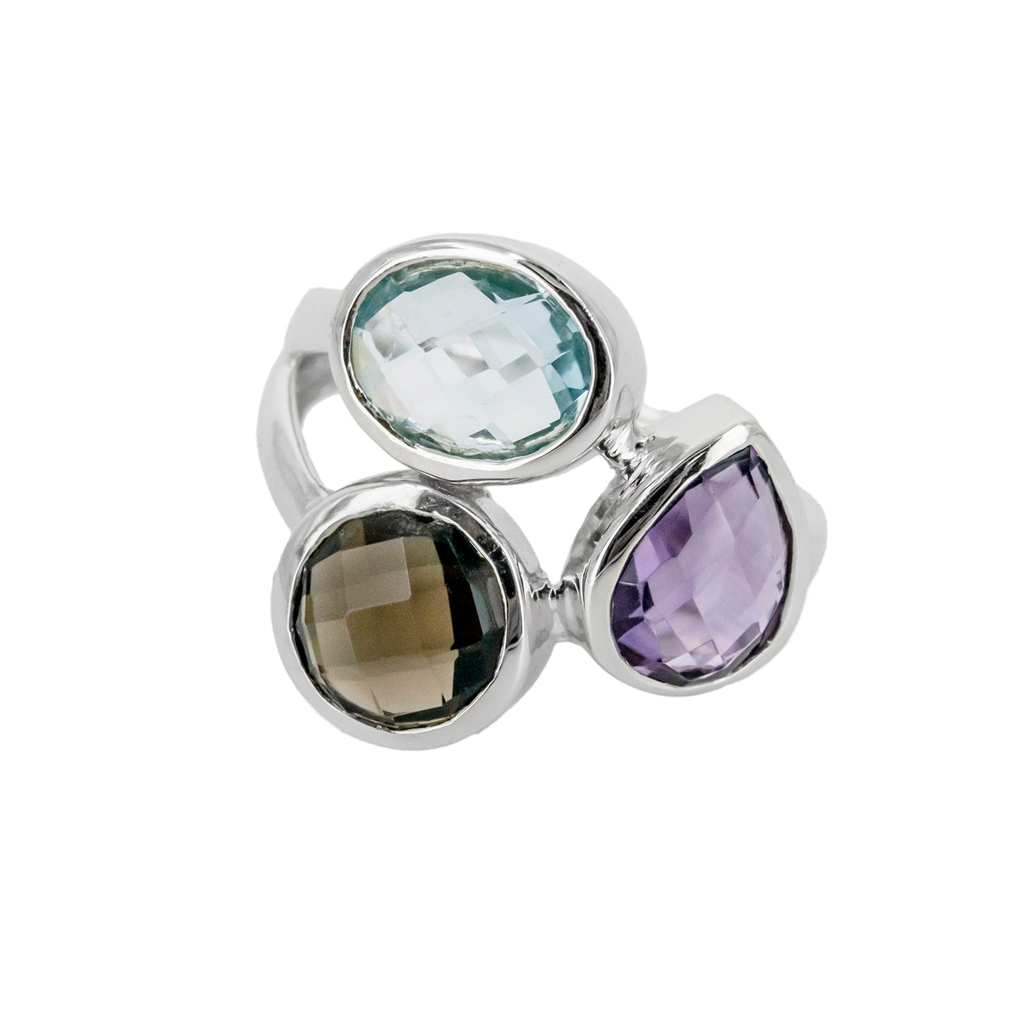 Anillo Atatu de Plata con Tres Piedras de Color – Marrón, Azul y Lila
