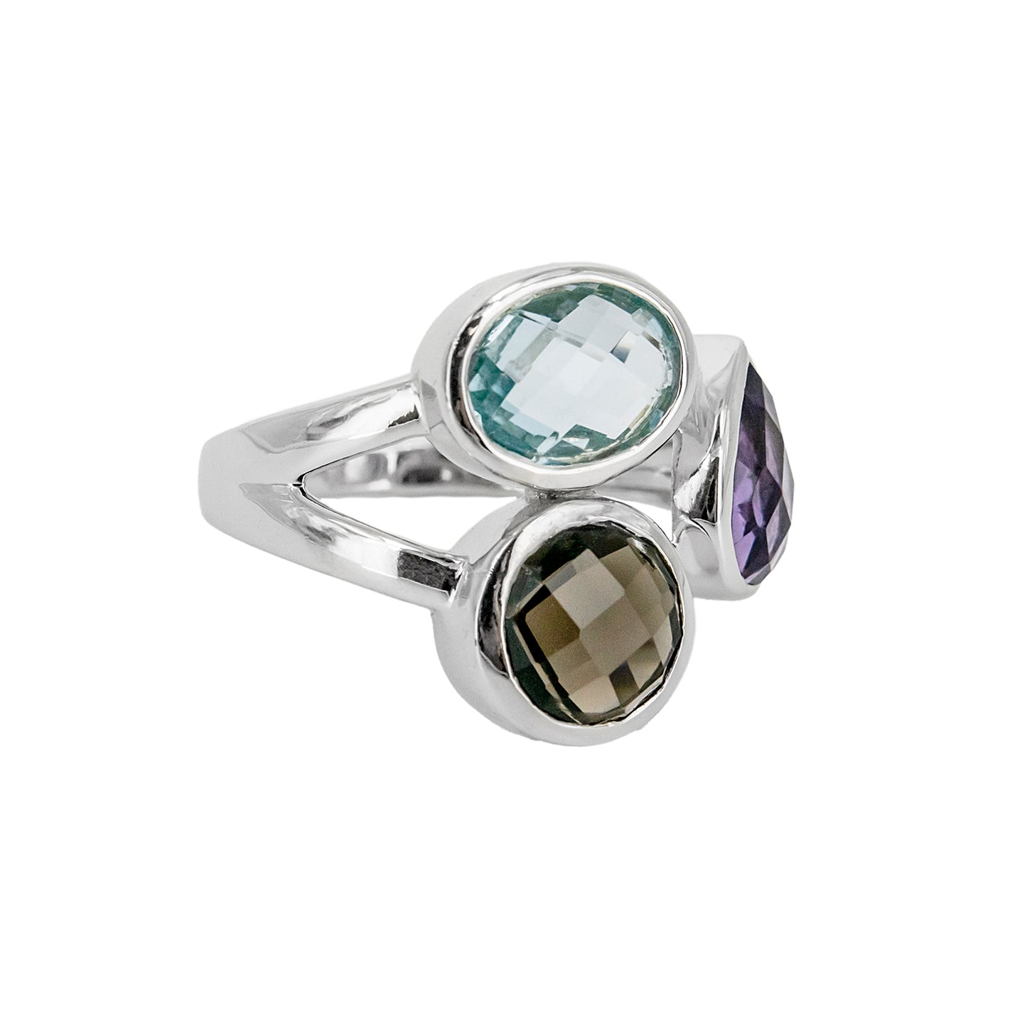 Anillo Atatu de Plata con Tres Piedras de Color – Marrón, Azul y Lila