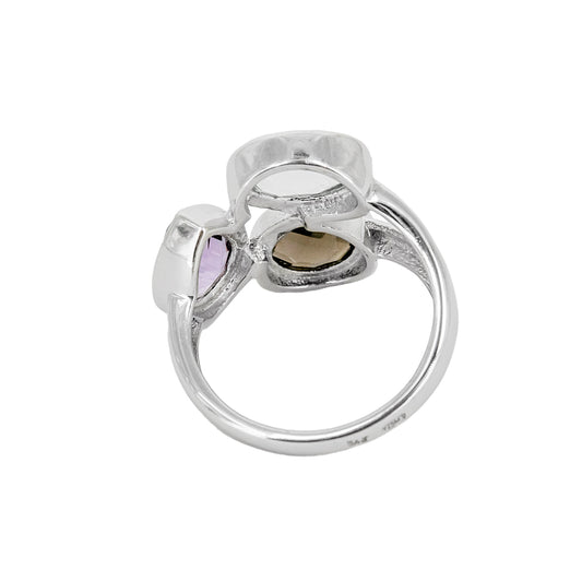 Anillo Atatu de Plata con Tres Piedras de Color – Marrón, Azul y Lila