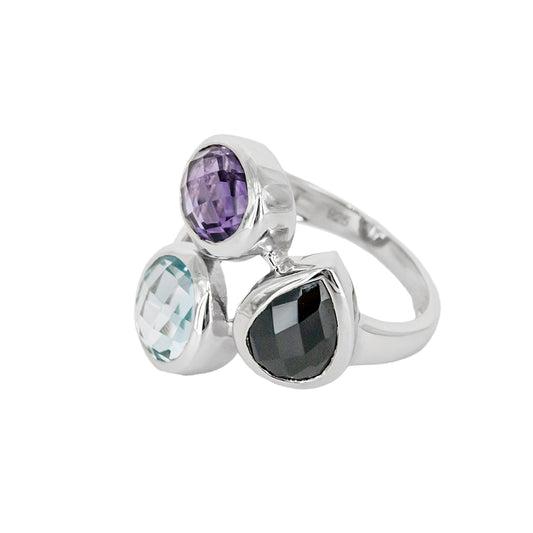 Anillo Atatu de Plata con Tres Piedras de Color – Azul, Lila y Negra
