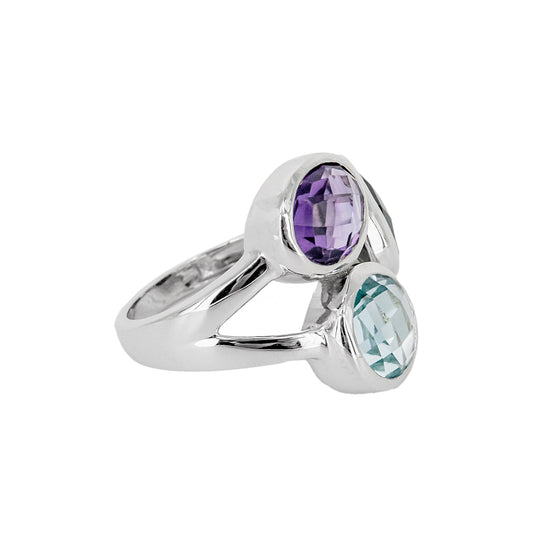 Anillo Atatu de Plata con Tres Piedras de Color – Azul, Lila y Negra
