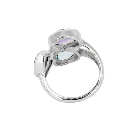 Anillo Atatu de Plata con Tres Piedras de Color – Azul, Lila y Negra