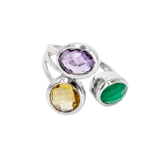 Anillo Zitatu de Plata con Tres Piedras de Color – Verde, Amarillo y Lila