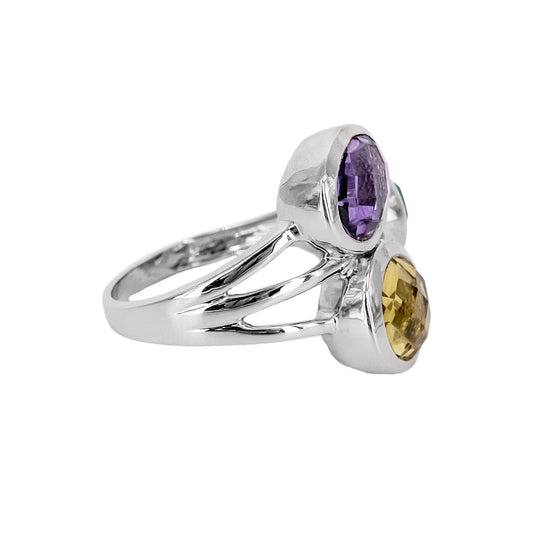 Anillo Zitatu de Plata con Tres Piedras de Color – Verde, Amarillo y Lila