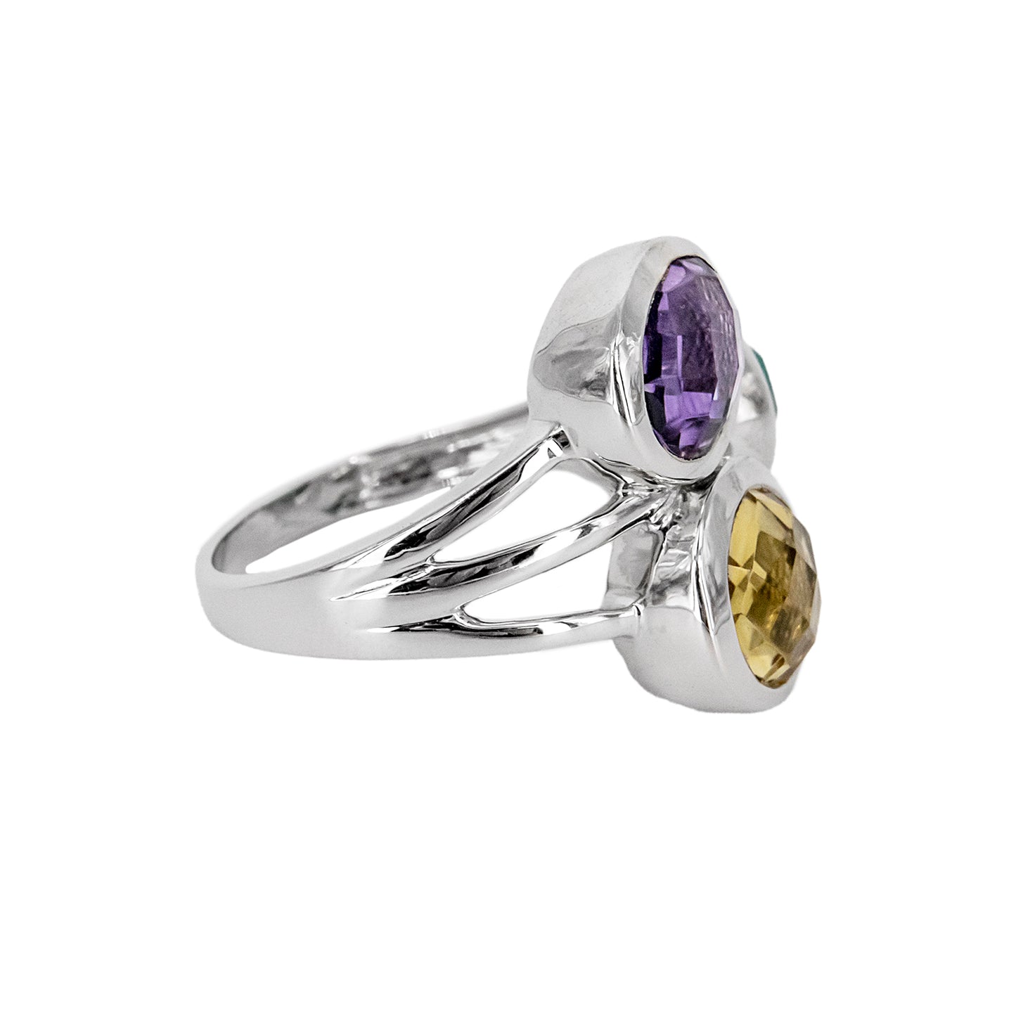 Anillo Zitatu de Plata con Tres Piedras de Color – Verde, Amarillo y Lila
