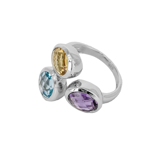 Anillo Zitatu de Plata con Tres Piedras de Color – Azul, Lila y Amarillo