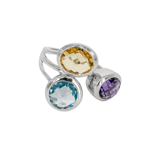 Anillo Zitatu de Plata con Tres Piedras de Color – Azul, Lila y Amarillo