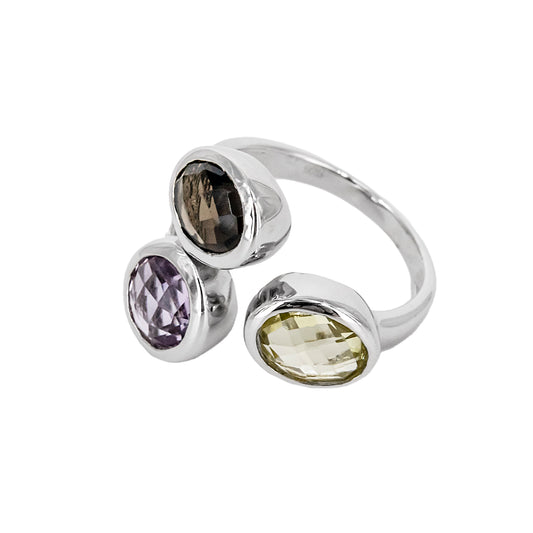 Anillo Zitatu de Plata con Tres Piedras de Color – Marrón, Lila y Verde
