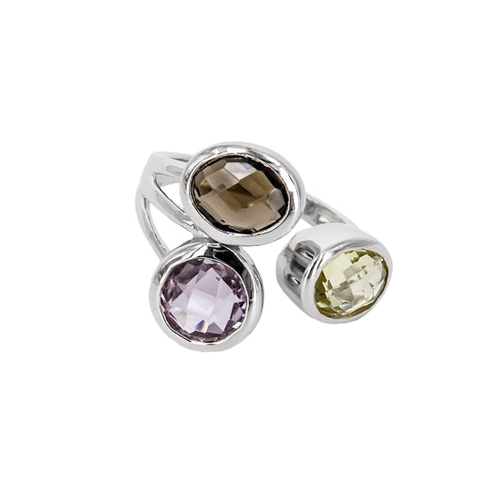 Anillo Zitatu de Plata con Tres Piedras de Color – Marrón, Lila y Verde