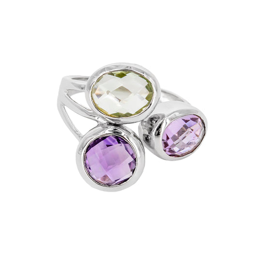 Anillo Zitatu de Plata con Tres Piedras de Color – Rosa, Lila y Verde