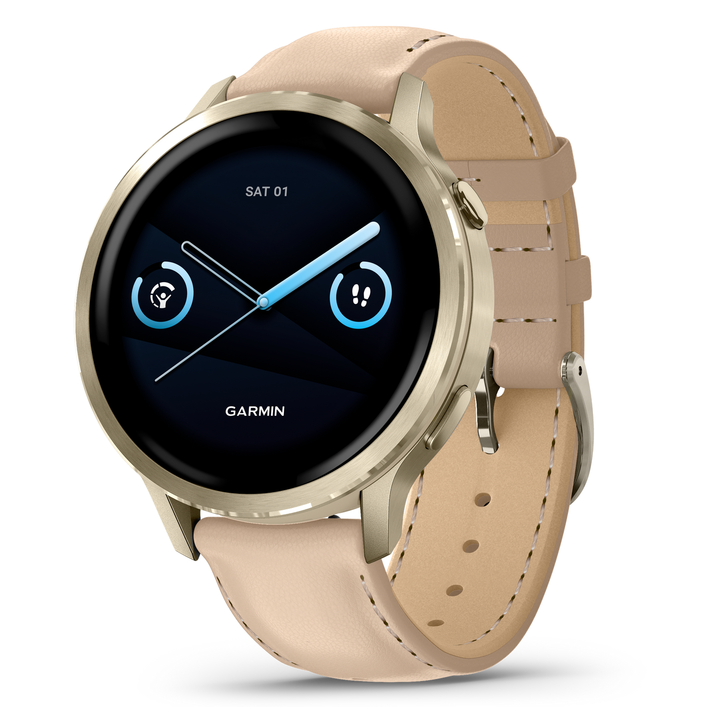 Reloj Garmin Venu® 4 - 41 mm Bisel Plateado con Correa de Cuero Beige 010-03013-03