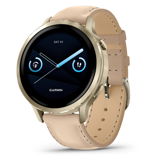 Reloj Garmin Venu® 4 - 41 mm Bisel Plateado con Correa de Cuero Beige 010-03013-03