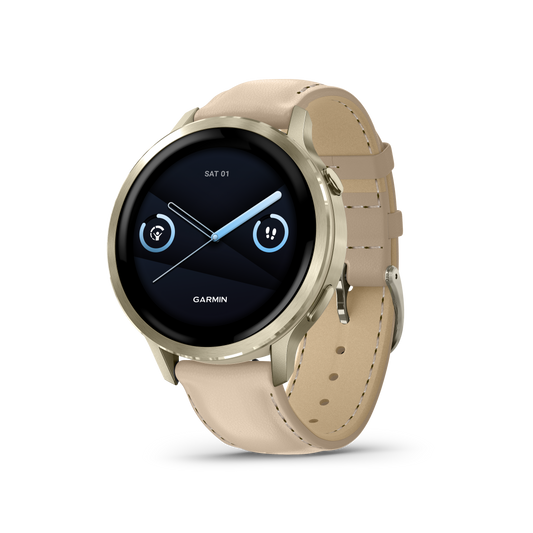 Reloj Garmin Venu® 4 - 41 mm Bisel Plateado con Correa de Cuero Beige 010-03013-03