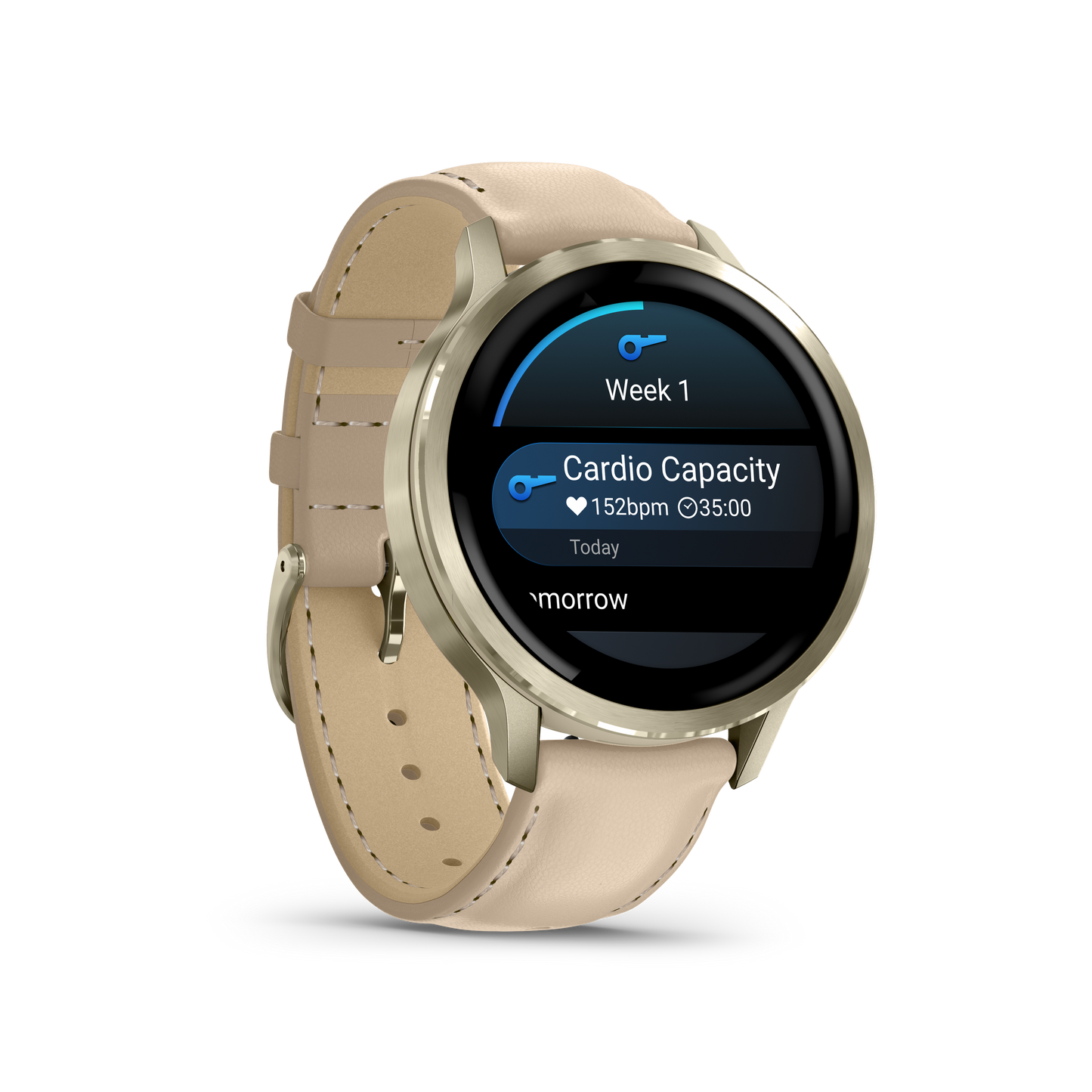 Reloj Garmin Venu® 4 - 41 mm Bisel Plateado con Correa de Cuero Beige 010-03013-03