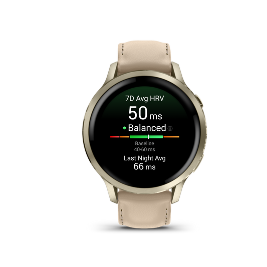 Reloj Garmin Venu® 4 - 41 mm Bisel Plateado con Correa de Cuero Beige 010-03013-03