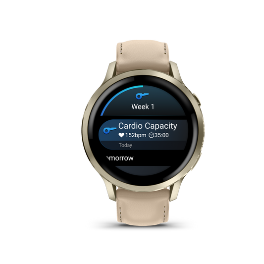 Reloj Garmin Venu® 4 - 41 mm Bisel Plateado con Correa de Cuero Beige 010-03013-03