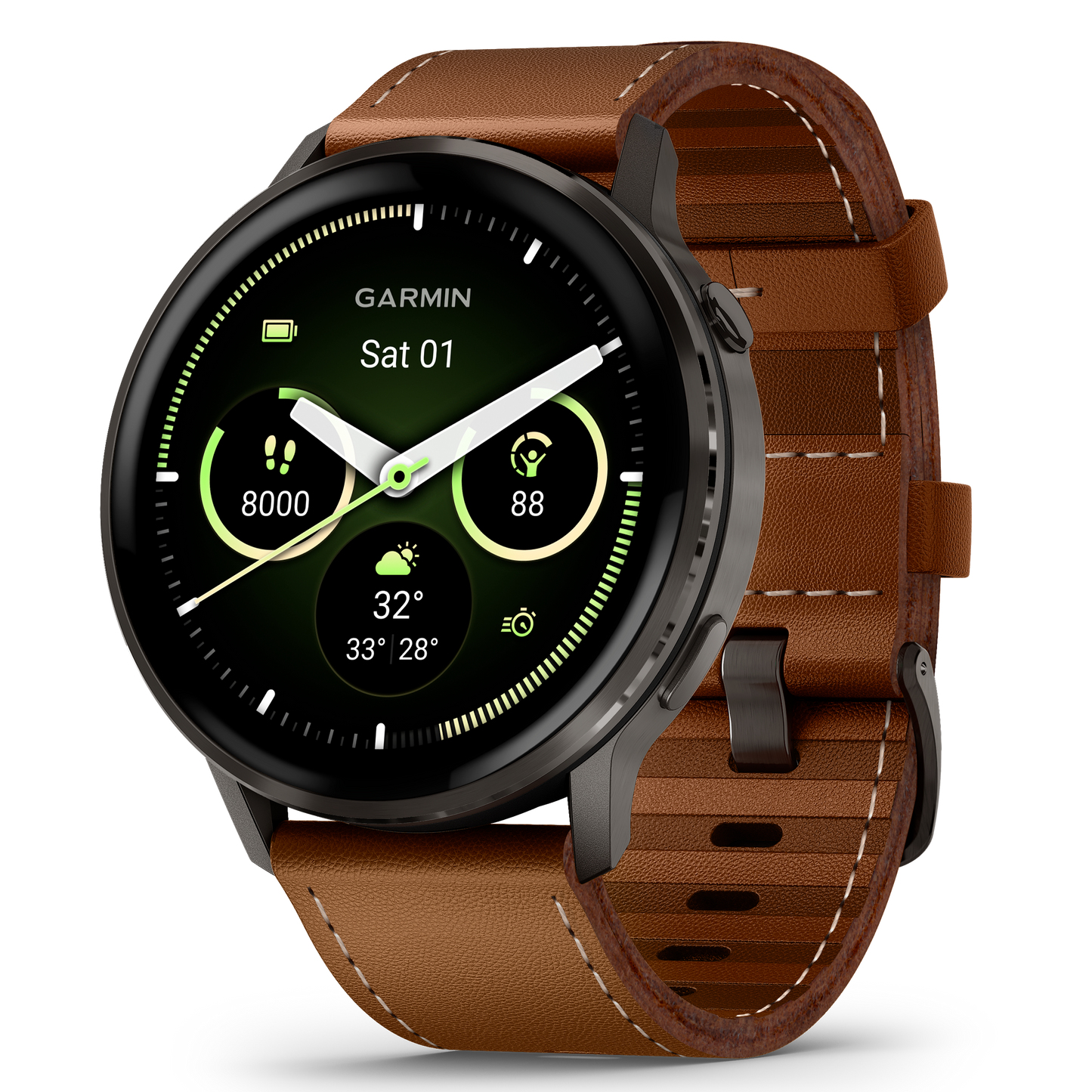 Reloj Garmin Venu® 4 - 45 mm Bisel Plateado Correa de Cuero Marrón 010-03014-03