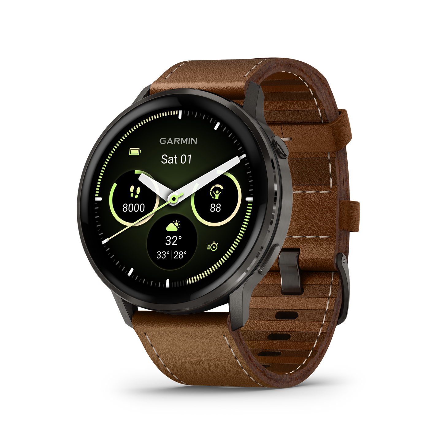 Reloj Garmin Venu® 4 - 45 mm Bisel Plateado Correa de Cuero Marrón 010-03014-03