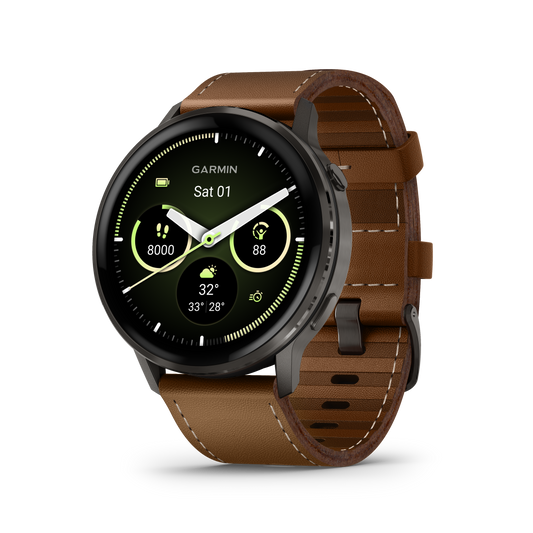 Reloj Garmin Venu® 4 - 45 mm Bisel Plateado Correa de Cuero Marrón 010-03014-03