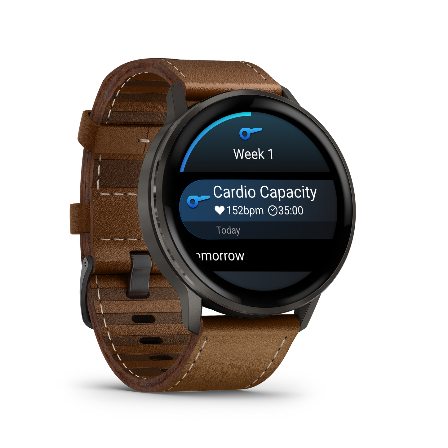 Reloj Garmin Venu® 4 - 45 mm Bisel Plateado Correa de Cuero Marrón 010-03014-03