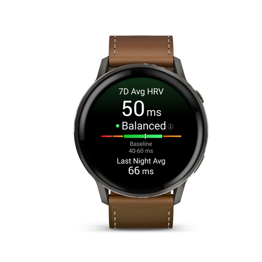 Reloj Garmin Venu® 4 - 45 mm Bisel Plateado Correa de Cuero Marrón 010-03014-03