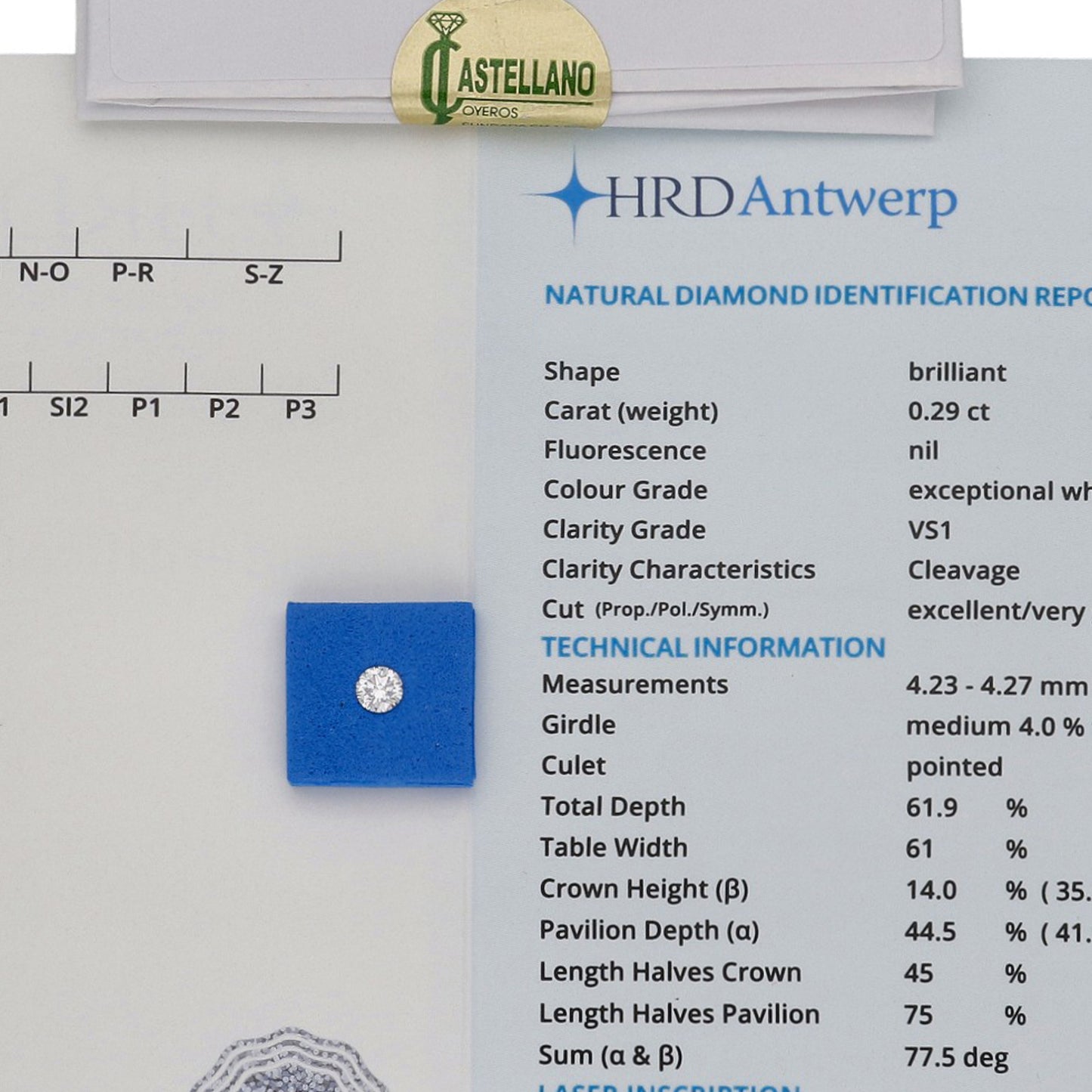 Diamante Talla Brillante 0,29 ct - E - VS1 - Certificado HRD