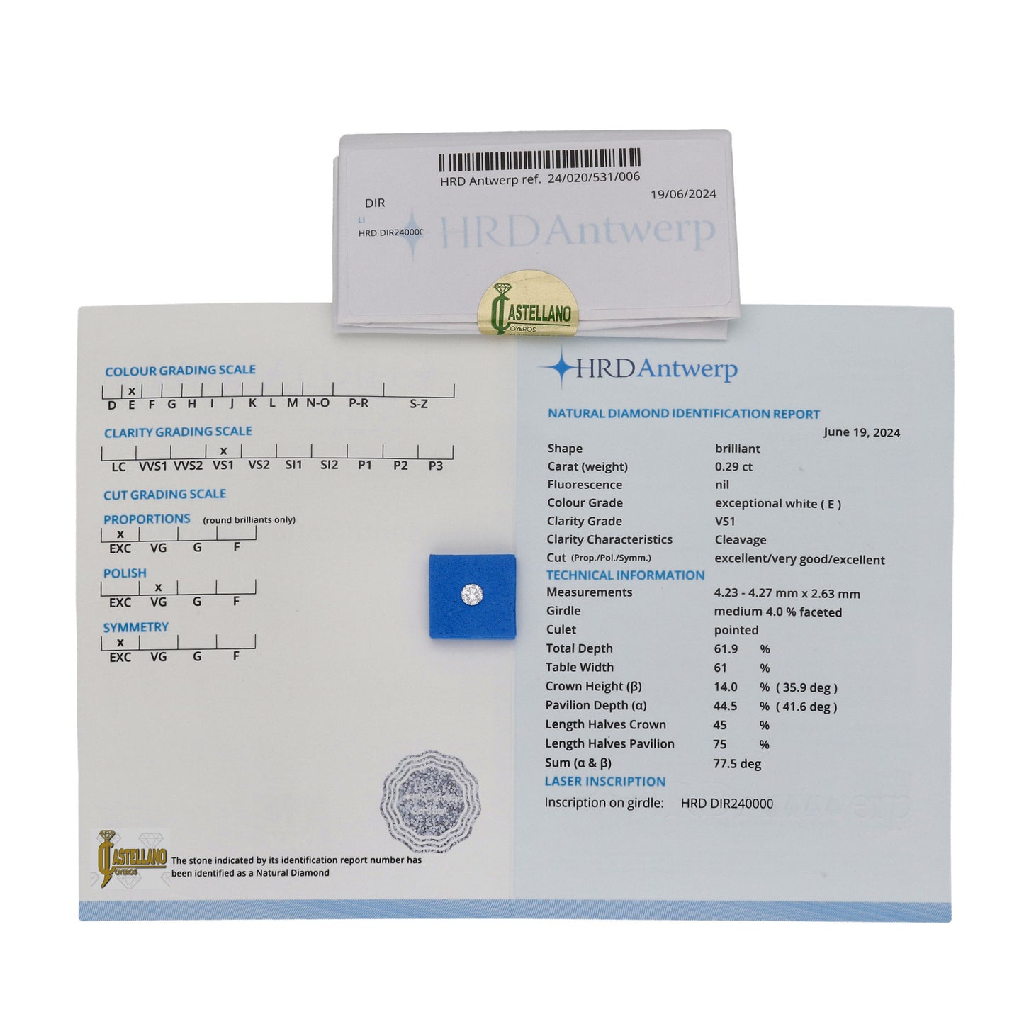 Diamante Talla Brillante 0,29 ct - E - VS1 - Certificado HRD