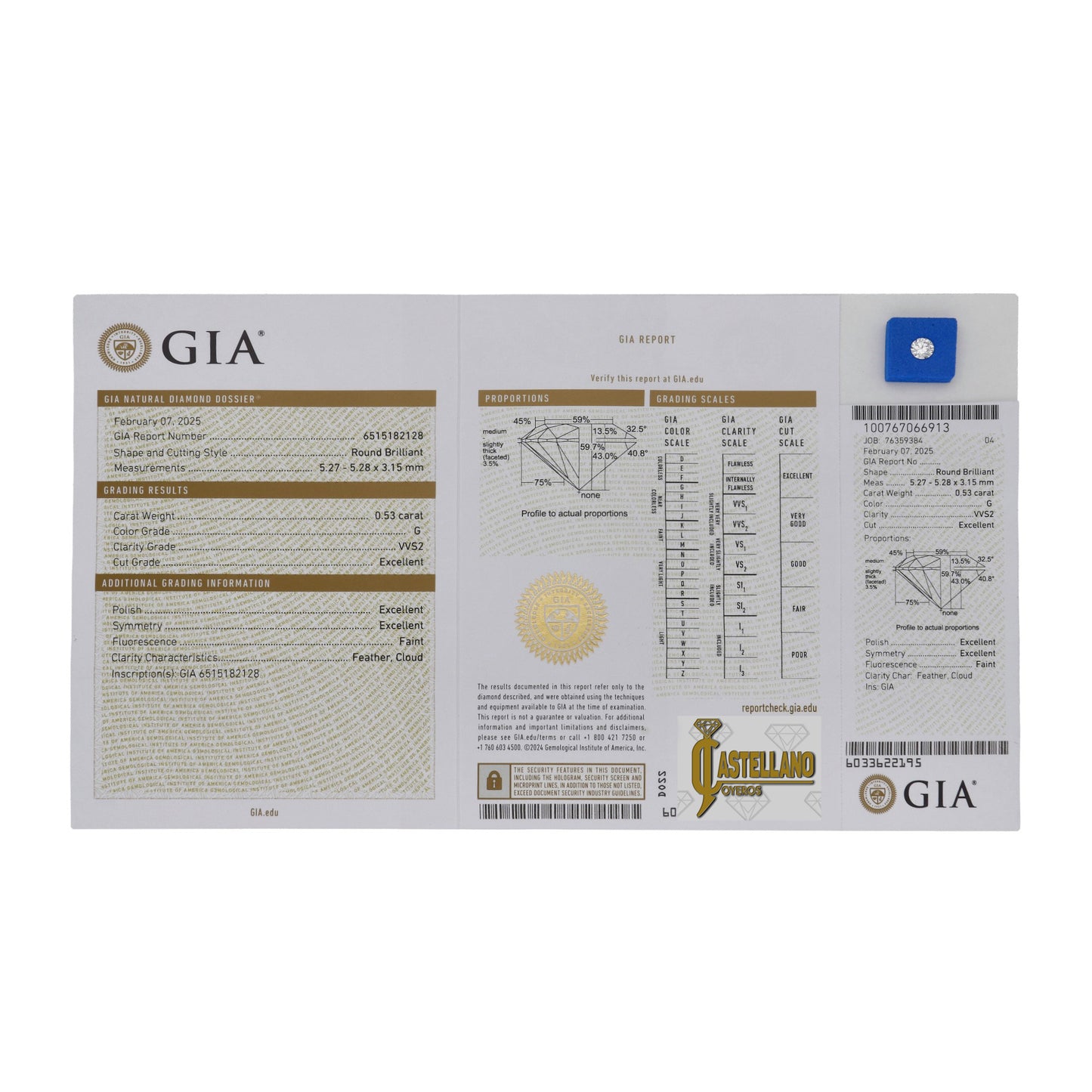 Diamante Talla Brillante 0,53 ct - G - VVS2 - Certificado GIA