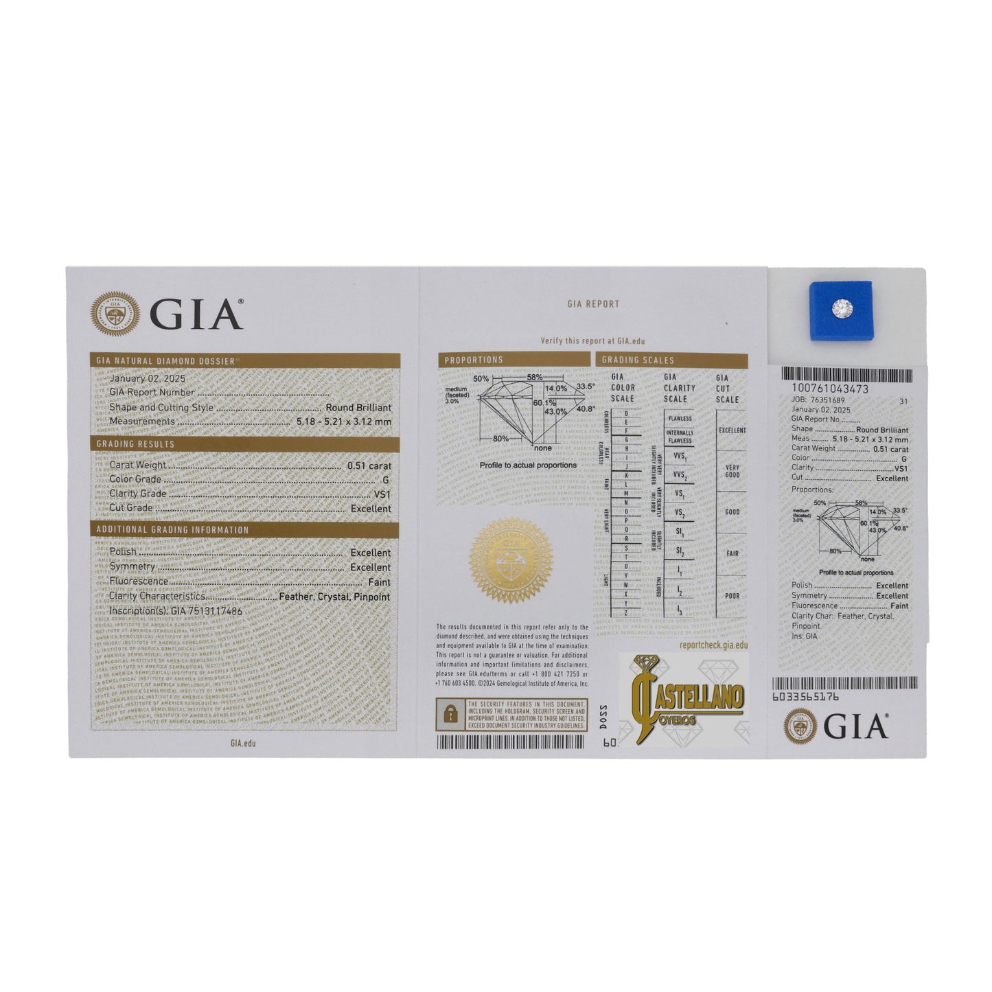 Diamante Talla Brillante 0,51 ct - G - VS1 - Certificado GIA