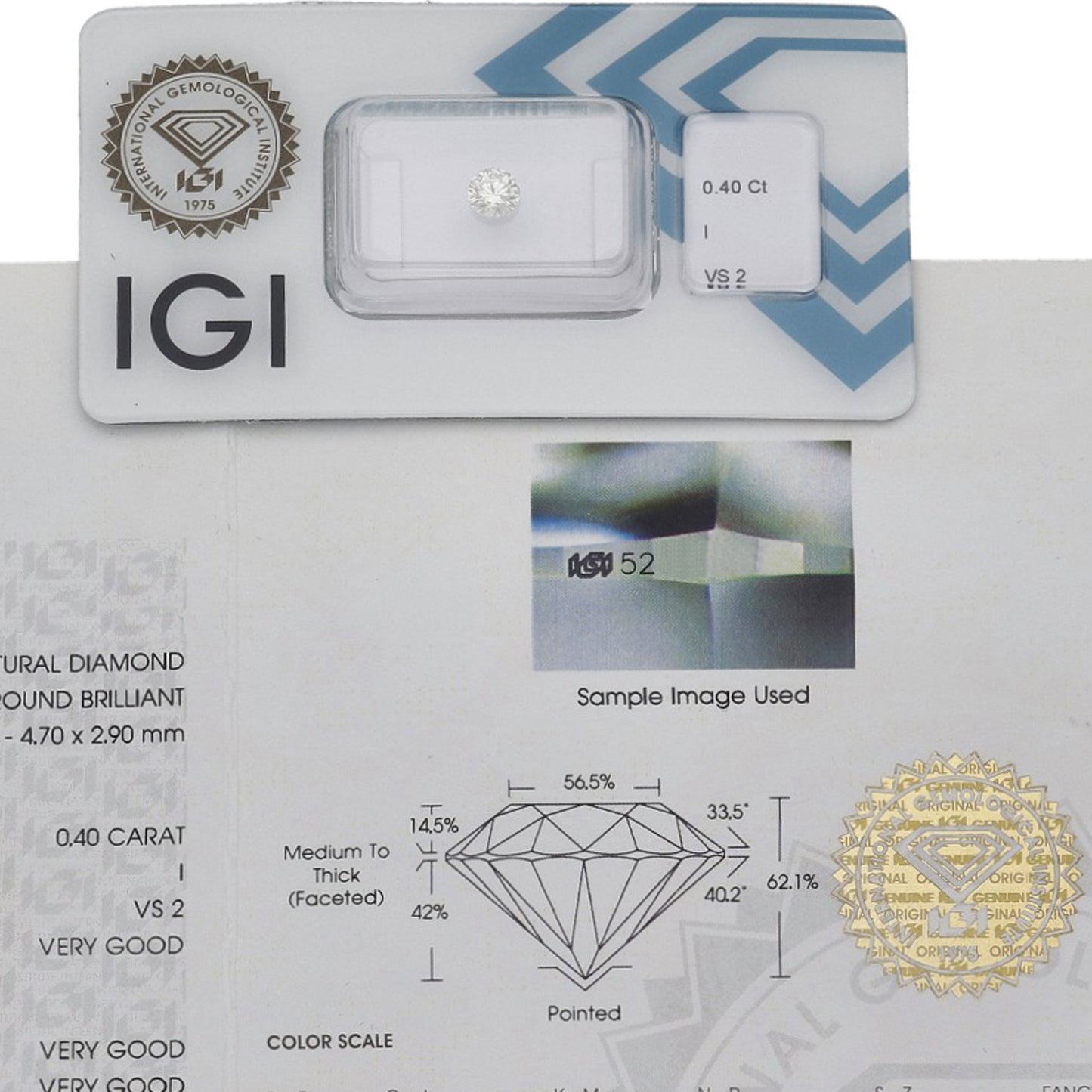 Diamante Talla Brillante 0,40 ct - I - VS2 - Certificado IGI